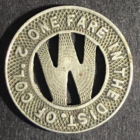 Wash. RY. & E. Co. Cap. Trac. Co. WM One Fare Dist. of Col. 2 Token -- 16.5mm