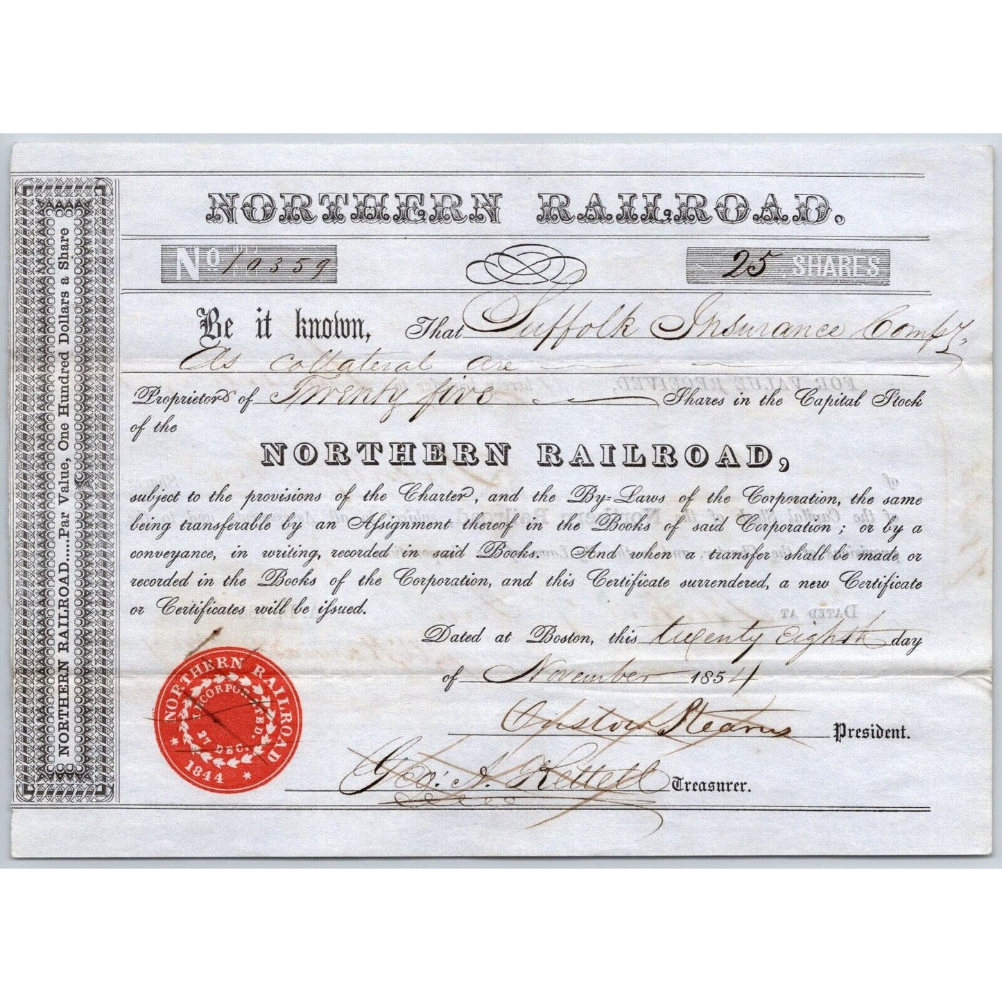 1854 Boston, MA Northern Railroad Stock Certificate No. 10359 for 25 Shares