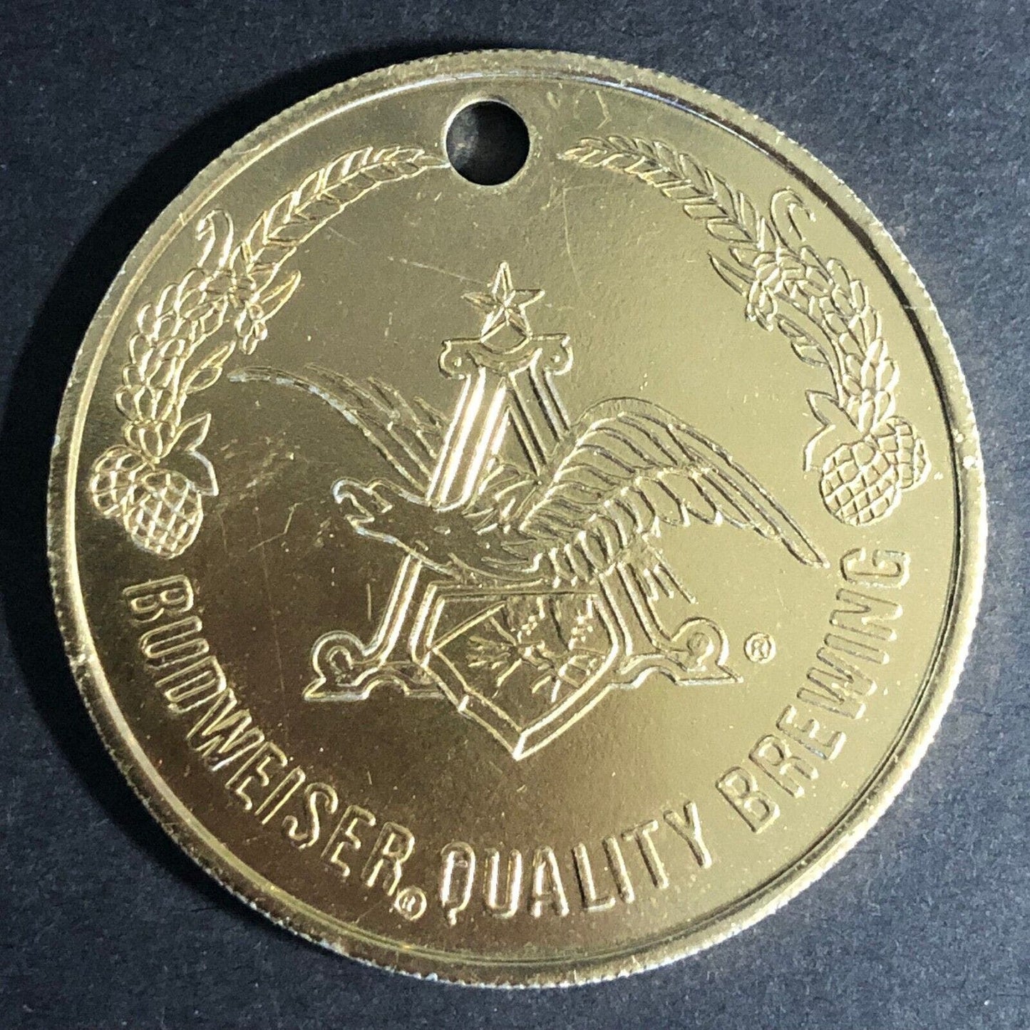 Budweiser Quality Brewing Alum. Reeded Token Key Fob 39mm c60's-70's VGC