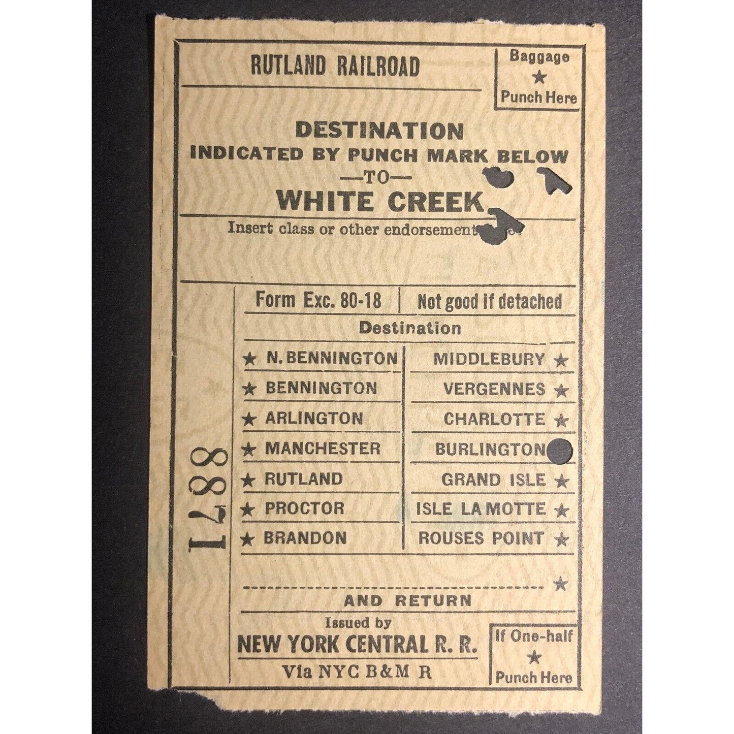 1953 Rutland Railroad / NY Central RR "to White Creek" Check / Ticket #8871