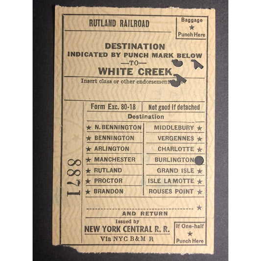 1953 Rutland Railroad / NY Central RR "to White Creek" Check / Ticket #8871