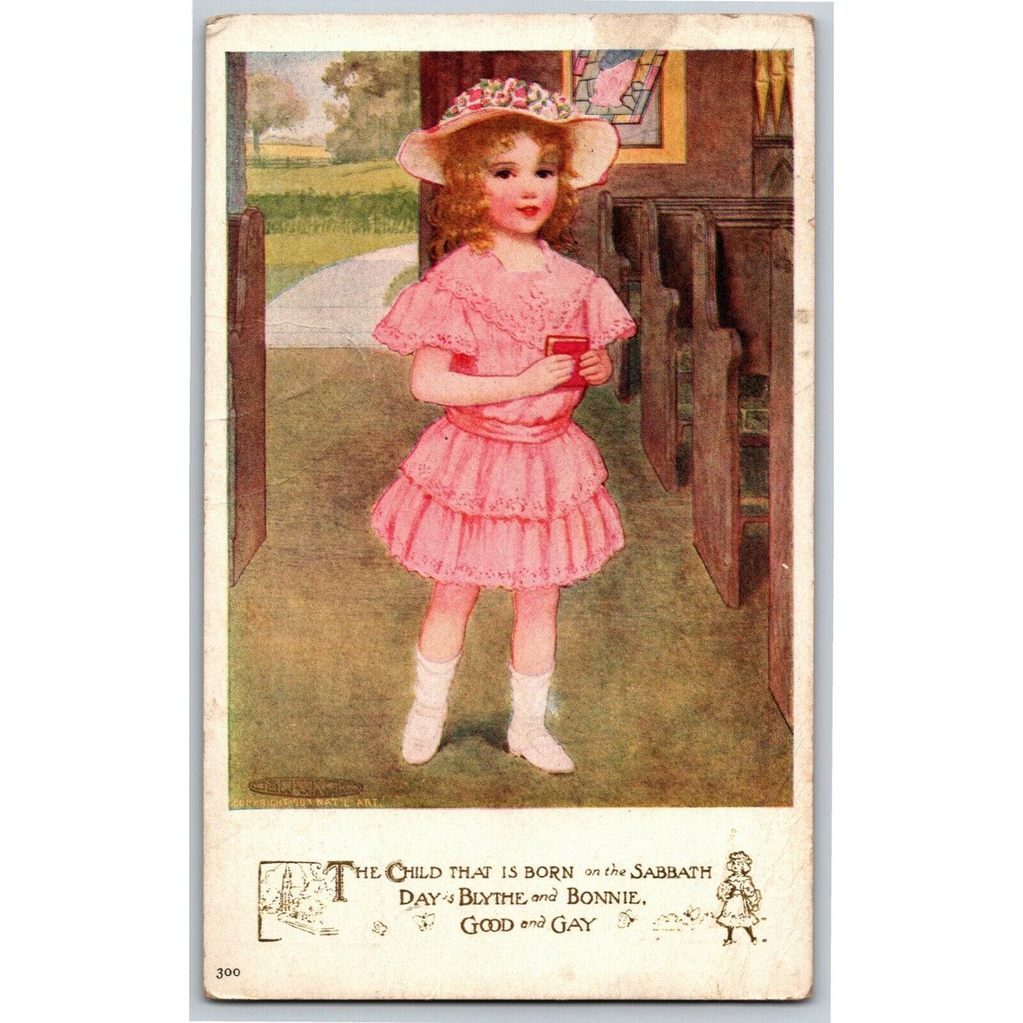 Vintage Postcard c1920's Girl w/ Pink Dress "The Child Born on the Sabbath..."