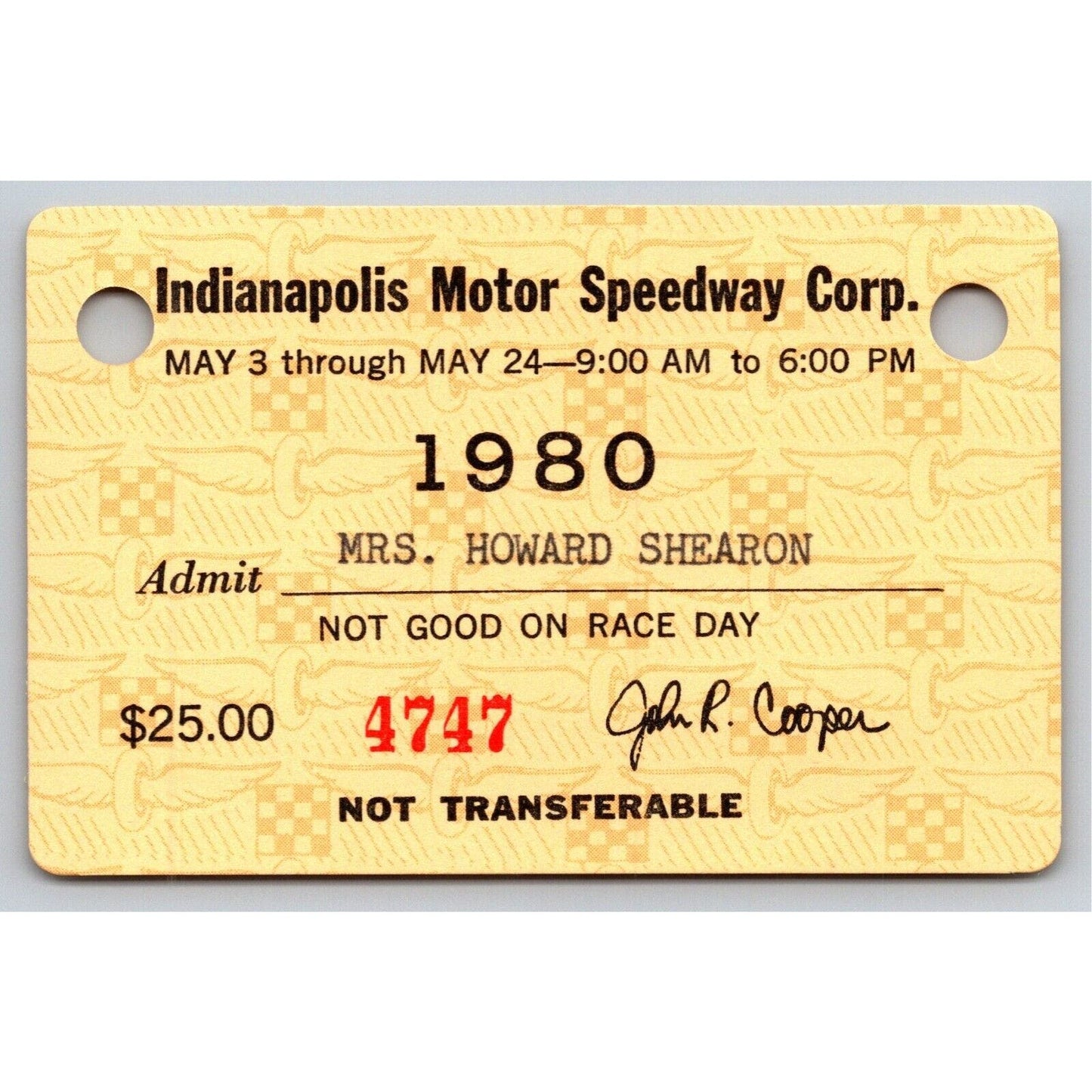 1980 Indy 500 Season Grounds Admission Ticket Pass Card Indianapolis IMS - VGC