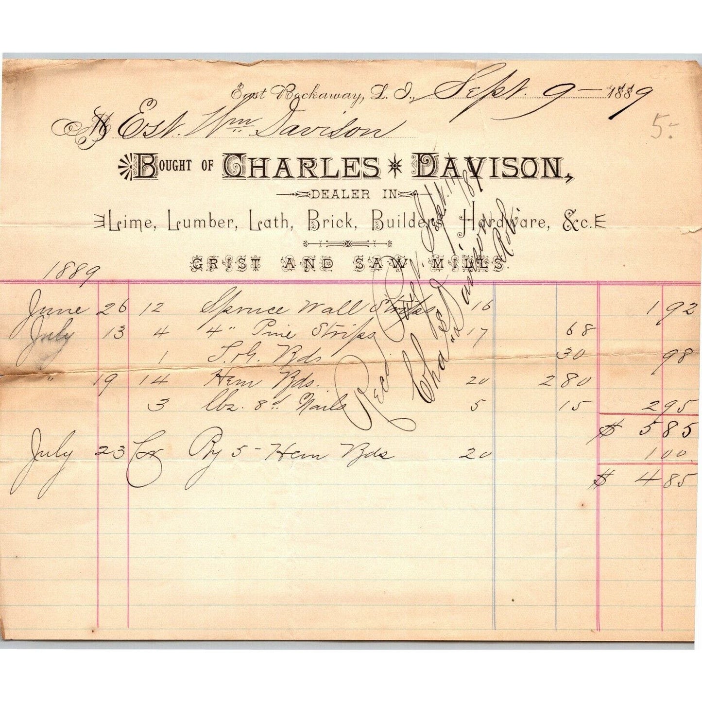 East Rockaway LI NY Billhead Letterhead 1889 Charles Davidson Lime Lumber Lath