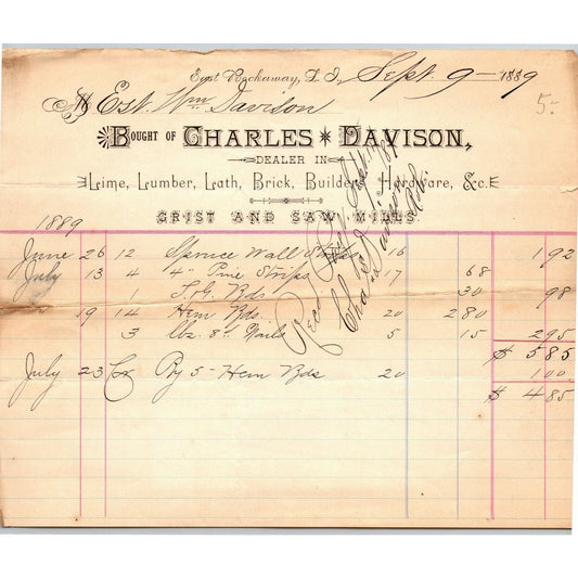 East Rockaway LI NY Billhead Letterhead 1889 Charles Davidson Lime Lumber Lath