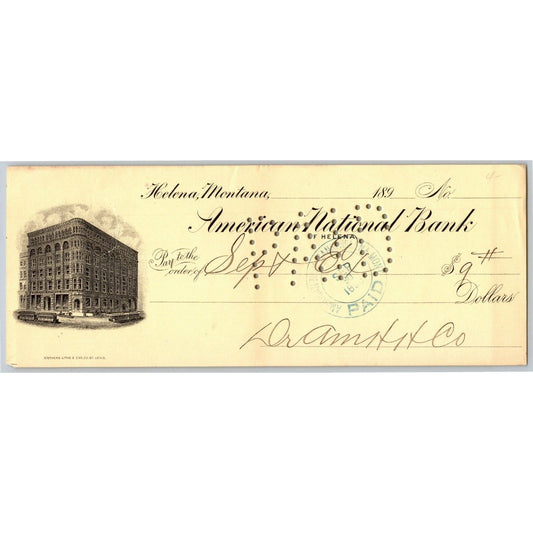 Helena Montana American National Bank Check 1896 w/ Building Vignette