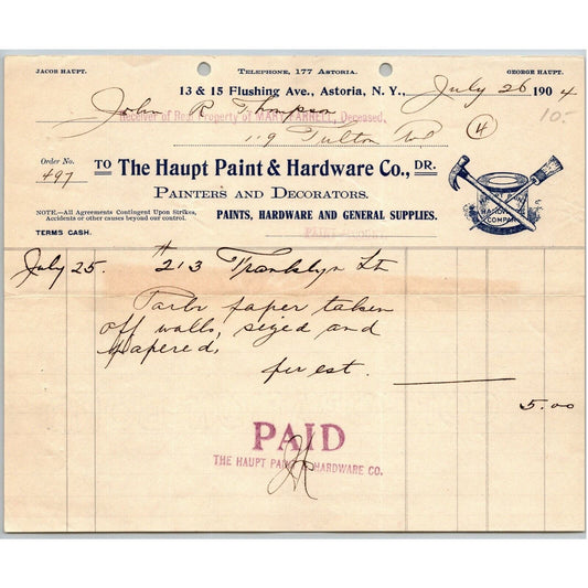 1904 Astoria, LI, NY Letterhead Haupt Paint & Hardware Co. Painters Decorators