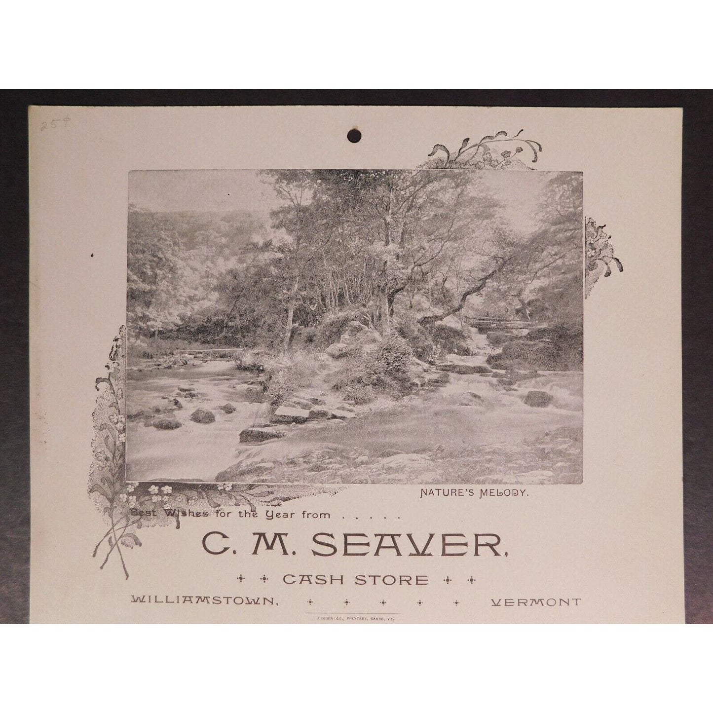 "Best Wishes From.."C. M. Seaver "Cash Store" 1898 Calendar Williamstown Vermont