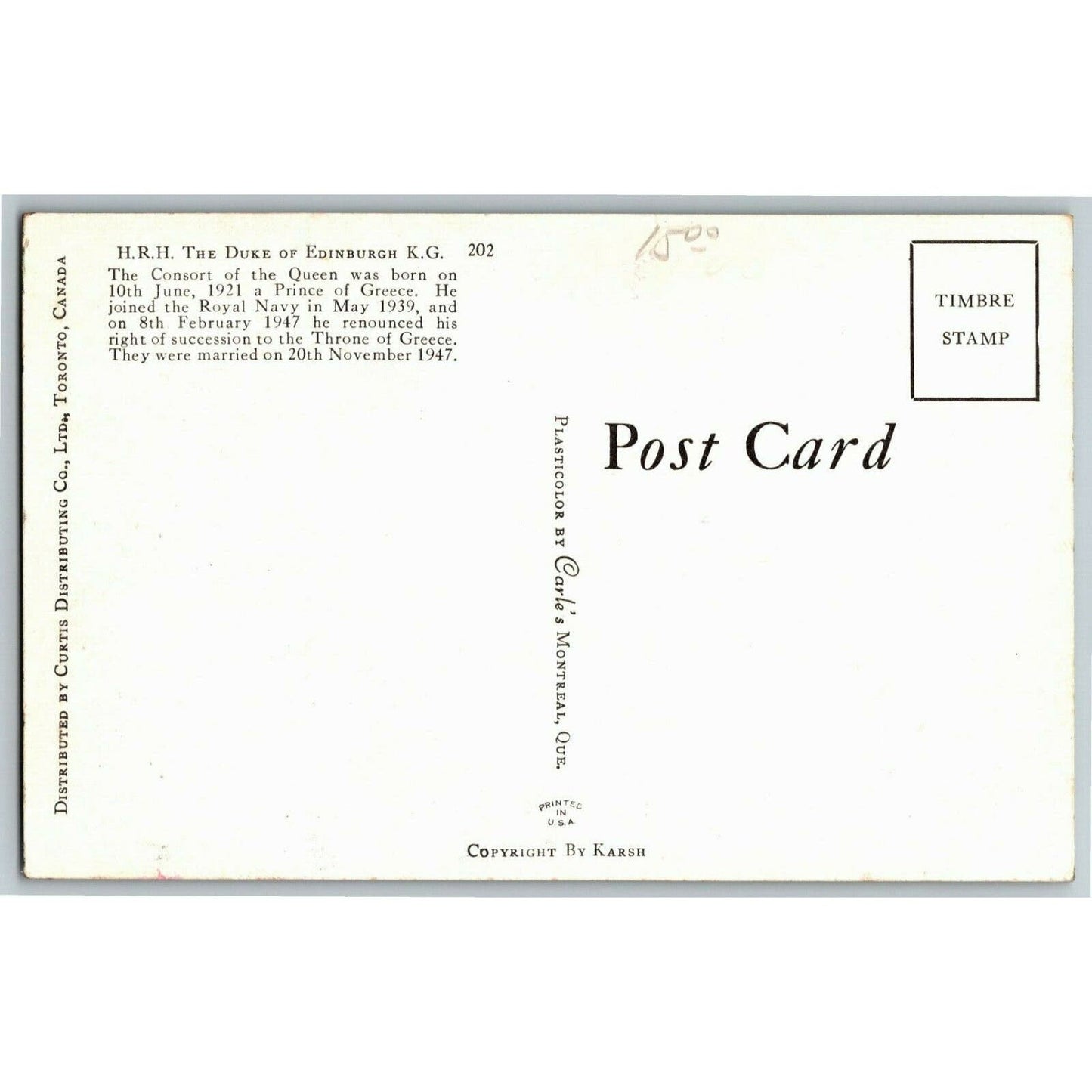 Early 1950's The Duke of Edinburgh K. G. PPC Postcard Unposted