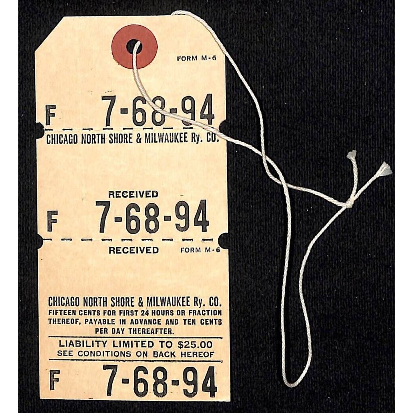 Chicago North Shore & Milwaukee Railroad Baggage Check / Tag #7-68-94