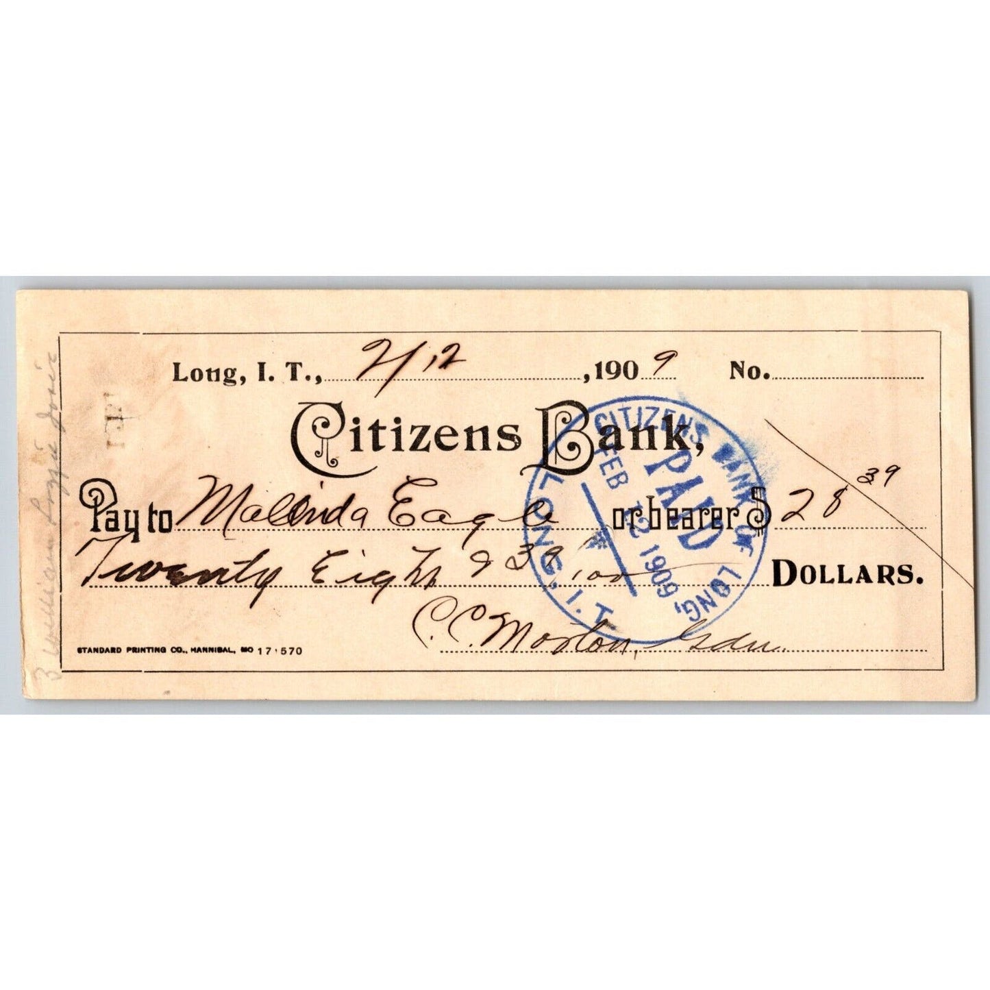 Long, Oklahoma 1909 Indian Territory "Citizens Bank" Check Scarce