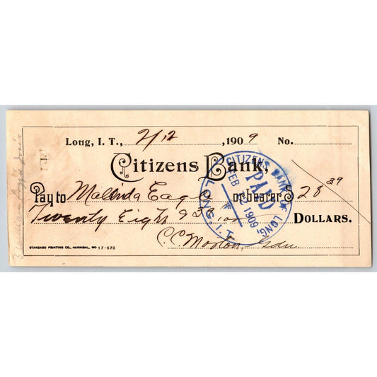 Long, Oklahoma 1909 Indian Territory "Citizens Bank" Check Scarce