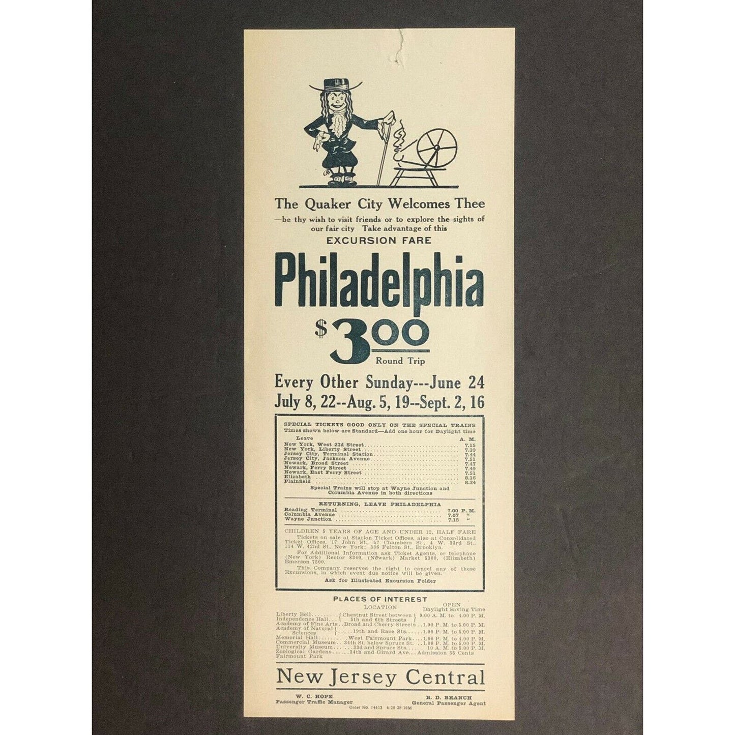 Vintage c1928 New Jersey Central RR Broadside - Excursion Fare to Philadelphia