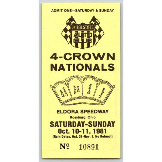 Eldora Speedway Rossburg, OH 1981 USAC 4-Crown Nationals Pit Pass Stub #10891