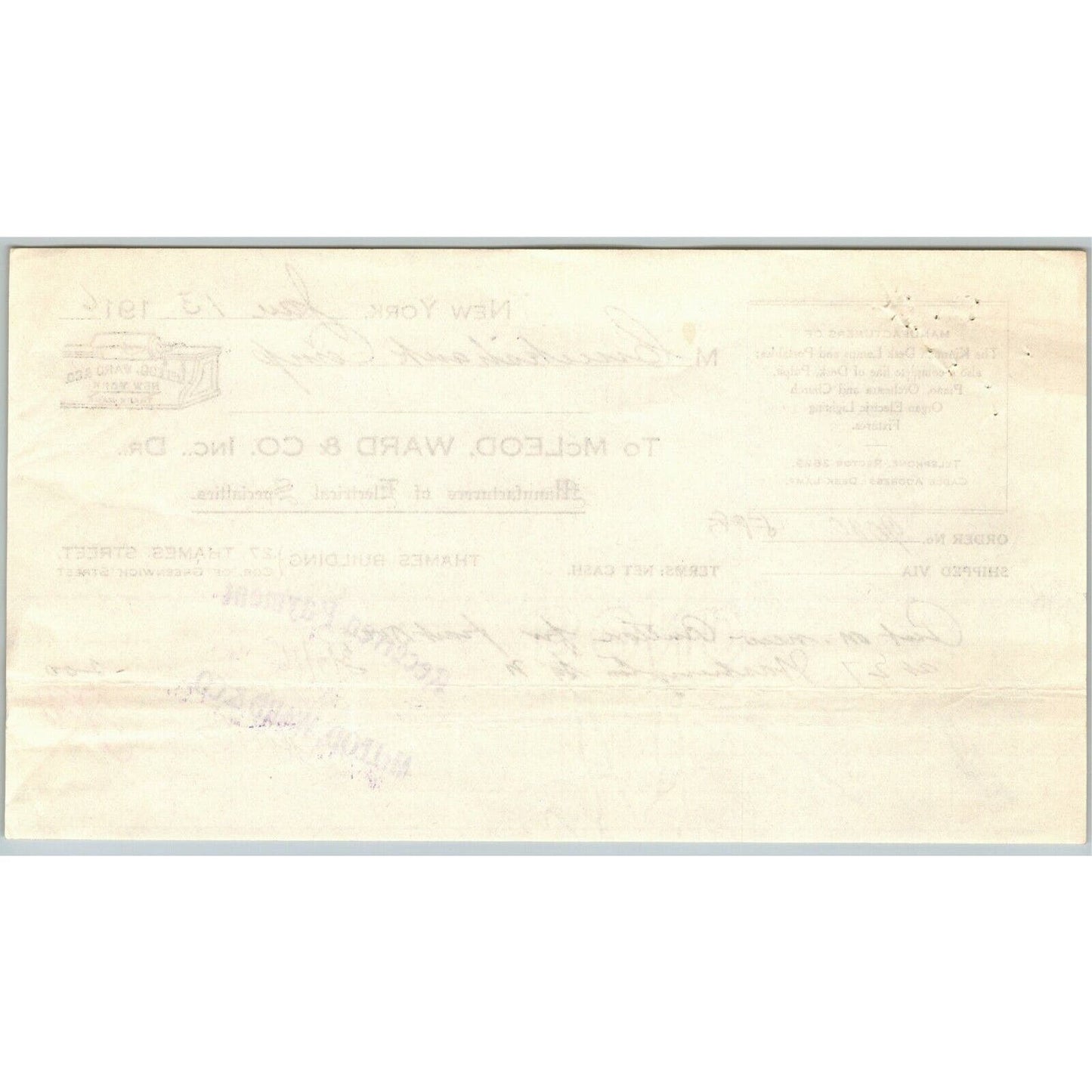 1916 McLeod, Ward & Co. Electrical Letterhead Billhead 27 Thames St. NYC