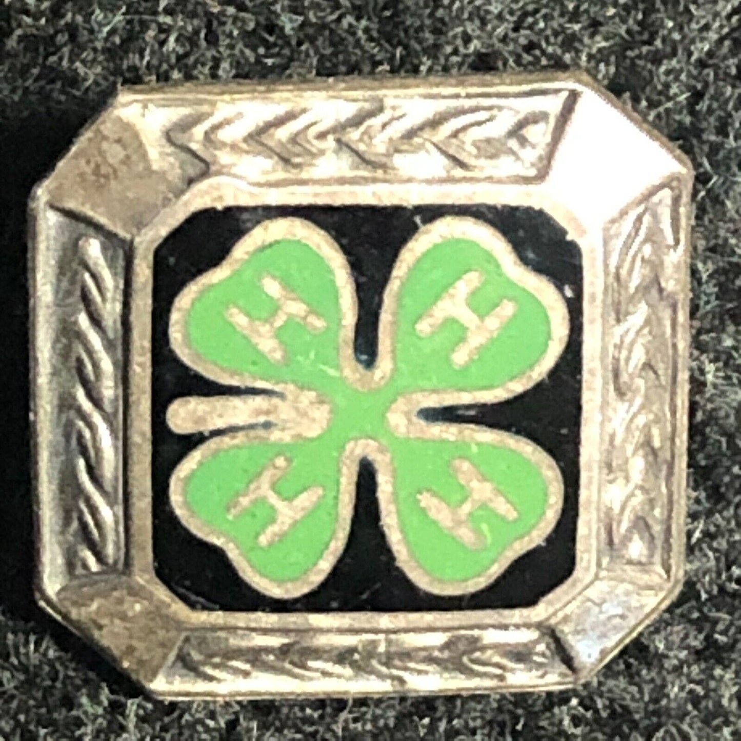Vintage 4-H Green Four Leaf Clover Enameled Pinback Lapel Pin - Sterling