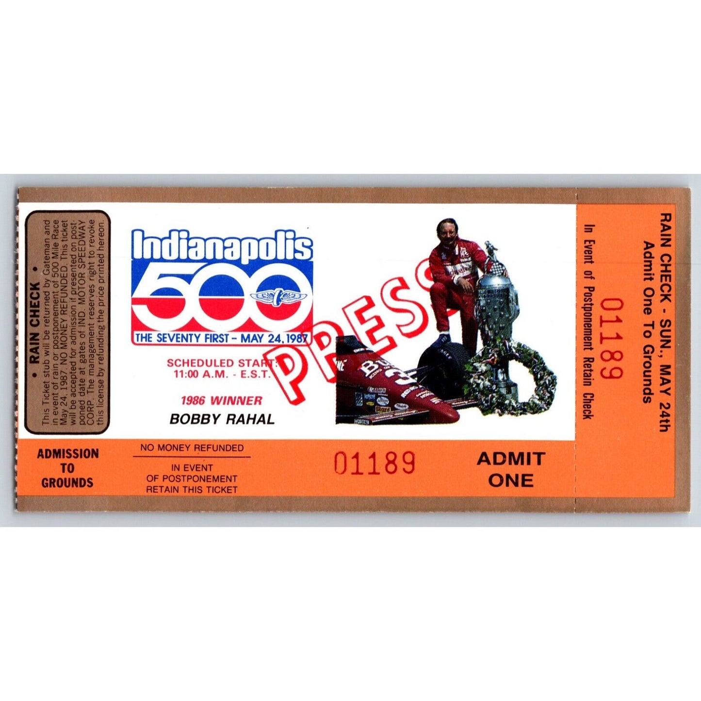1987 Indianapolis 500 "Press" Ticket Stub Racing IMS Bobby Rahal #1189