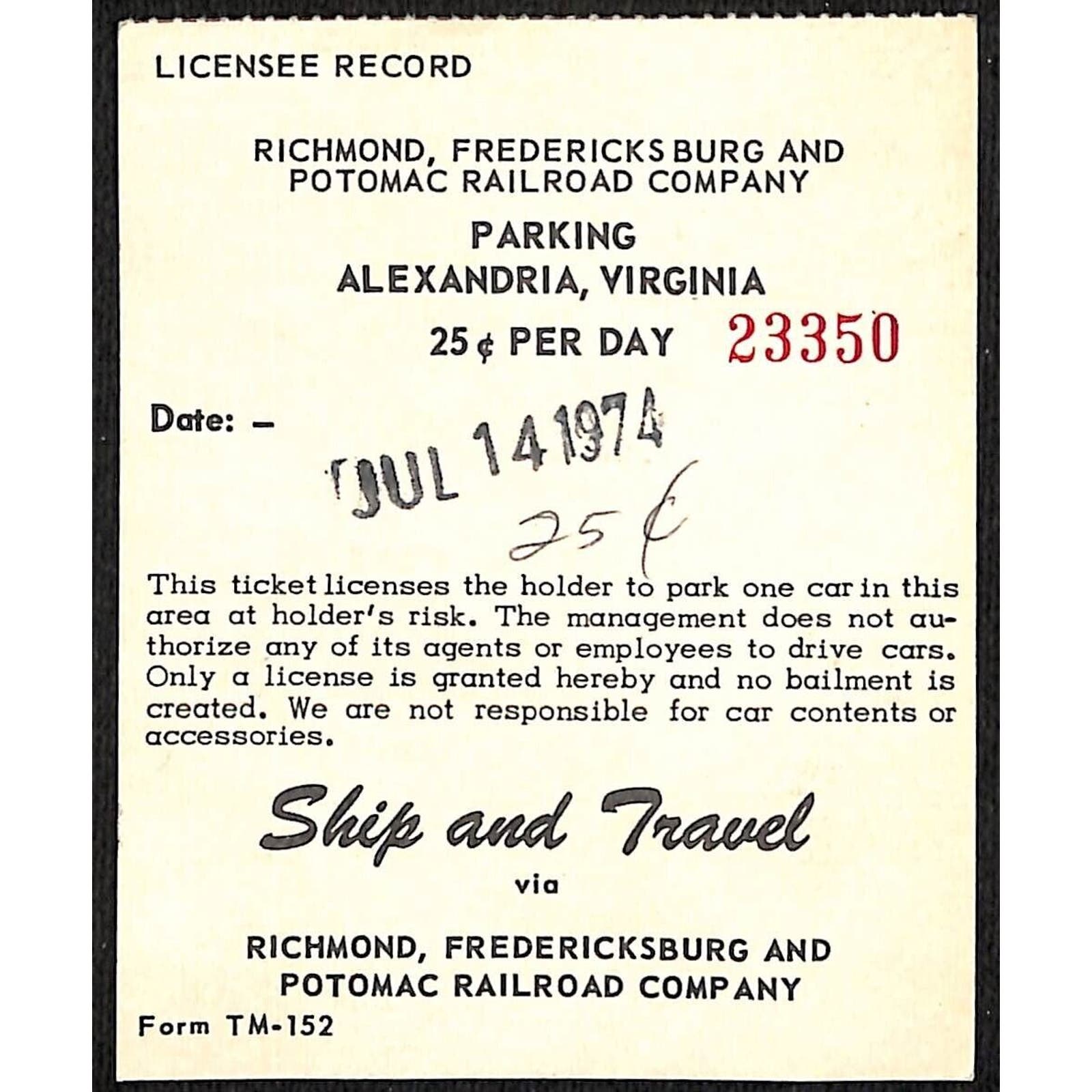 1974 Richmond, Fredericksburg and Potomac Railroad Parking Receipt ...