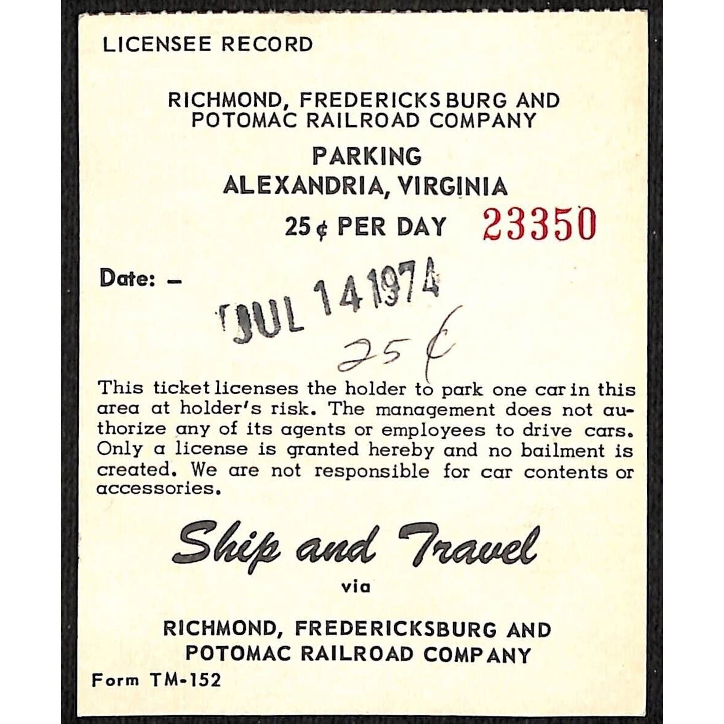 1974 Richmond, Fredericksburg and Potomac Railroad Parking Receipt