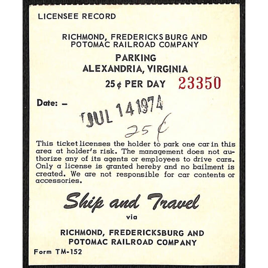 1974 Richmond, Fredericksburg and Potomac Railroad Parking Receipt