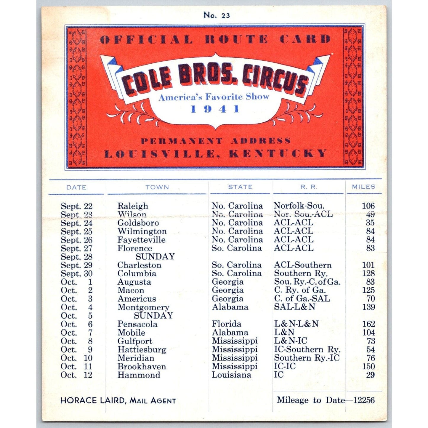 1941 Cole Bros Circus Route Card North South Carolina Alabama Florida