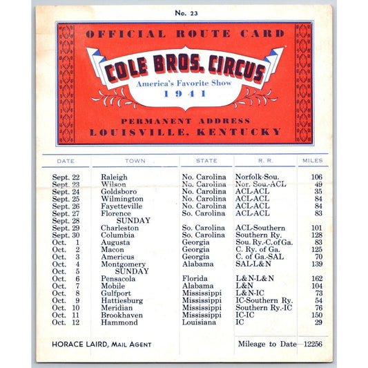 1941 Cole Bros Circus Route Card North South Carolina Alabama Florida