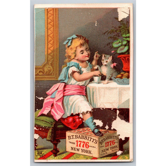 Girl & Kitten Tea Time Victorian Trade Card Babbitt's Best Soap