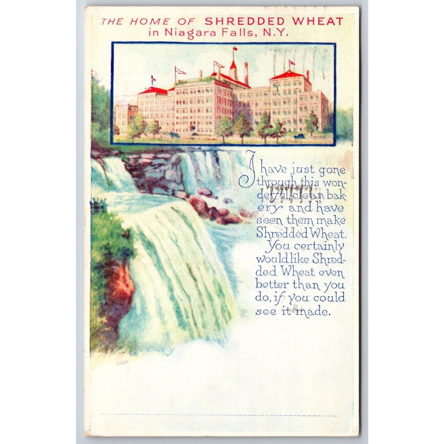 Shredded Wheat Niagara Falls Advertising Postcard PM 1935 VGC