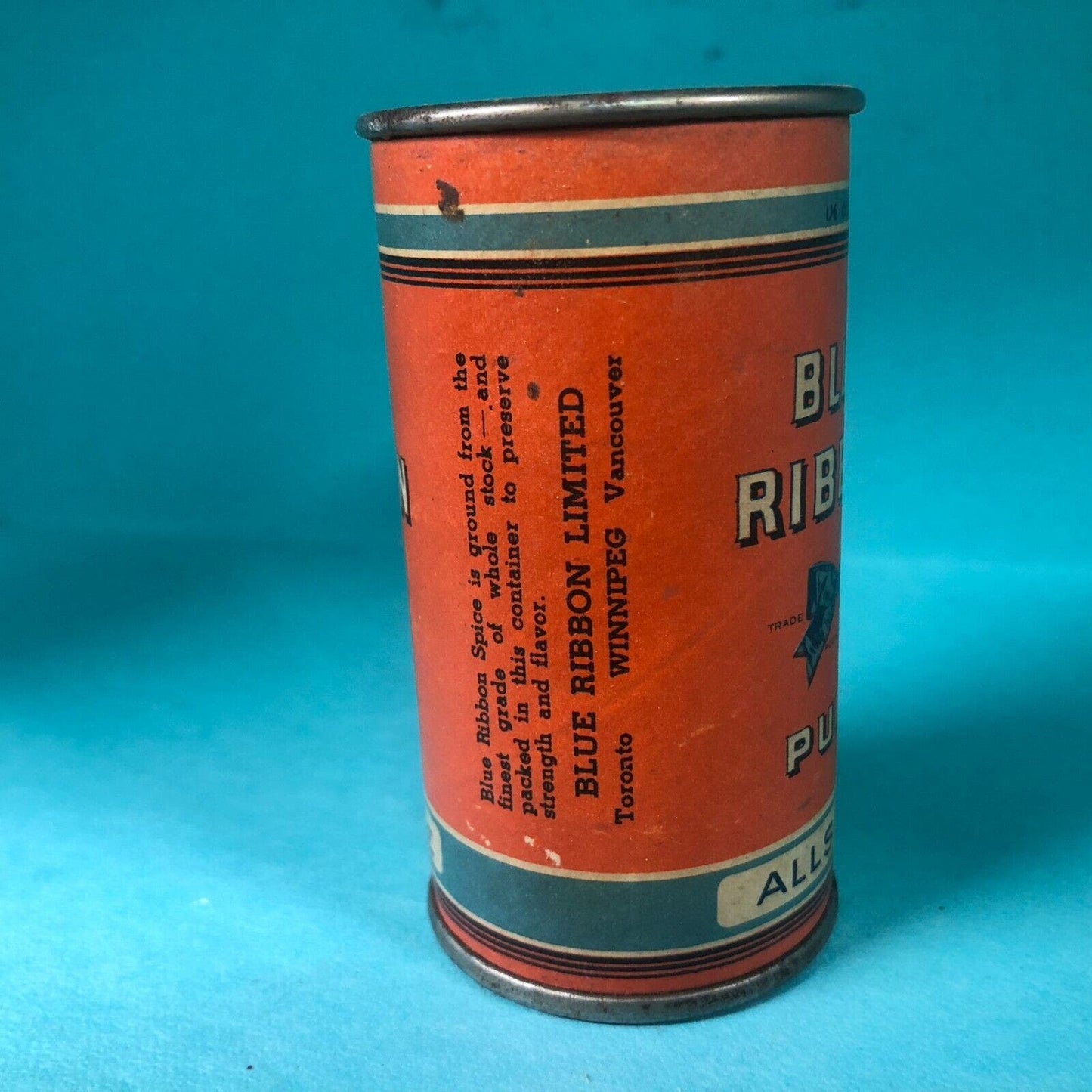 Blue Ribbon Allspice Tin Canadian 3 3/8"h Fiber Body c1920's-30's Scarce VGC