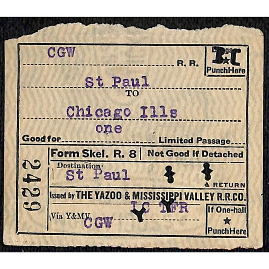 Yazoo & Mississippi Valley Railroad Ticket 1923 Chicago St. Paul #2429