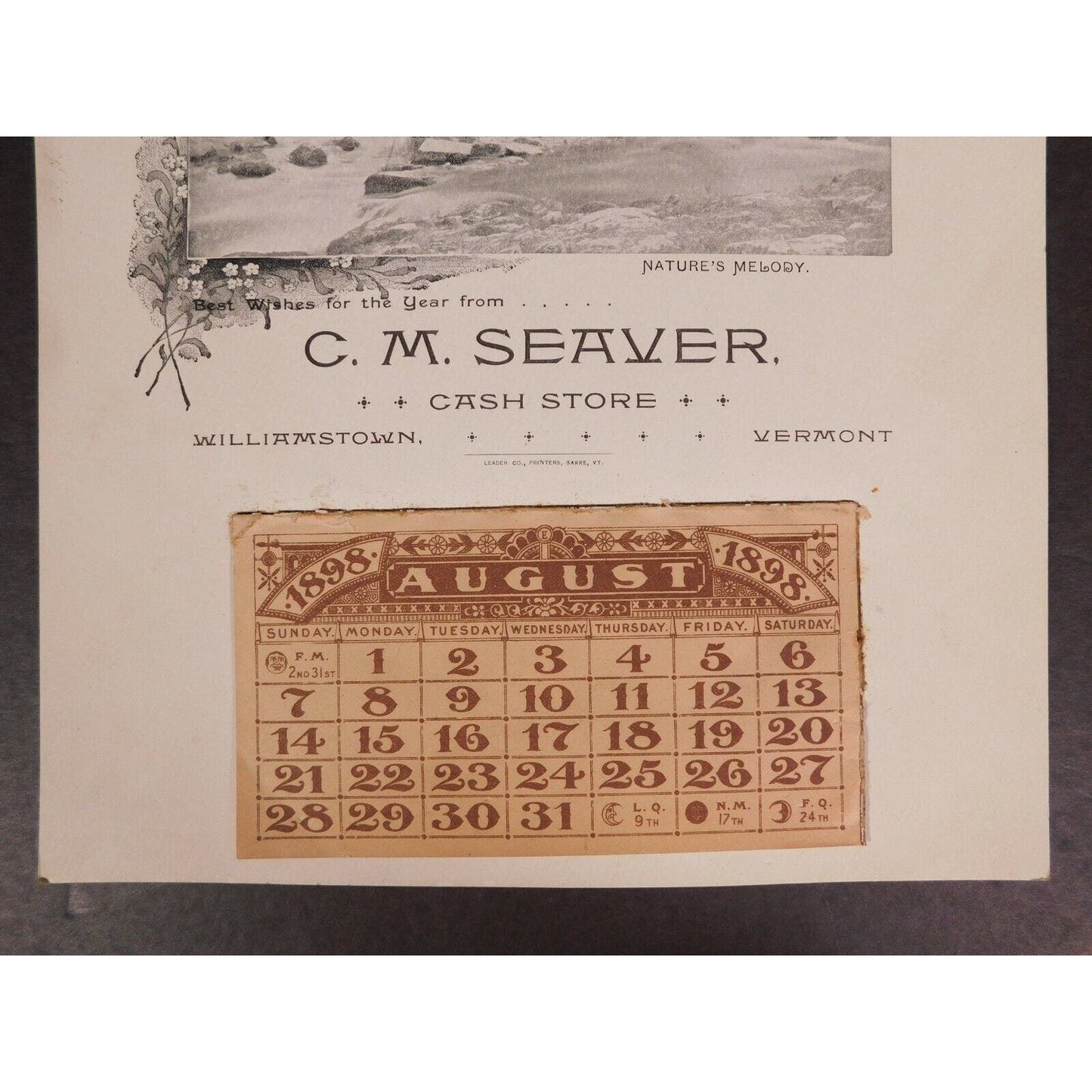 "Best Wishes From.."C. M. Seaver "Cash Store" 1898 Calendar Williamstown Vermont