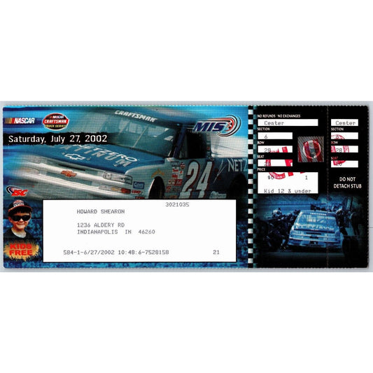 2002 Michigan International Speedway Indy 400 Unused Saturday Ticket - Seat 20