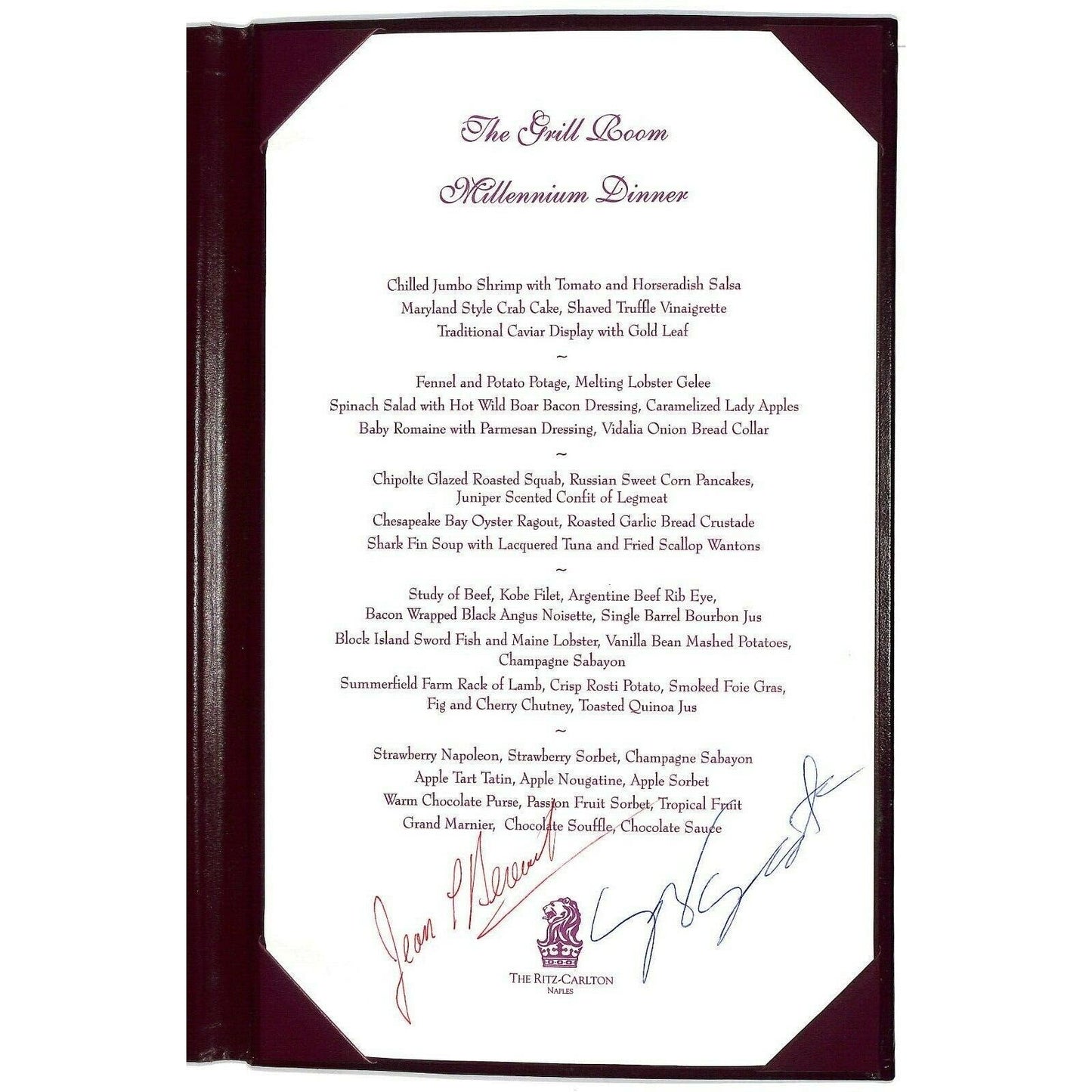 Ritz-Carlton Naples FLA 1999 New Years Eve Millennium Dinner Menu - Signed x2