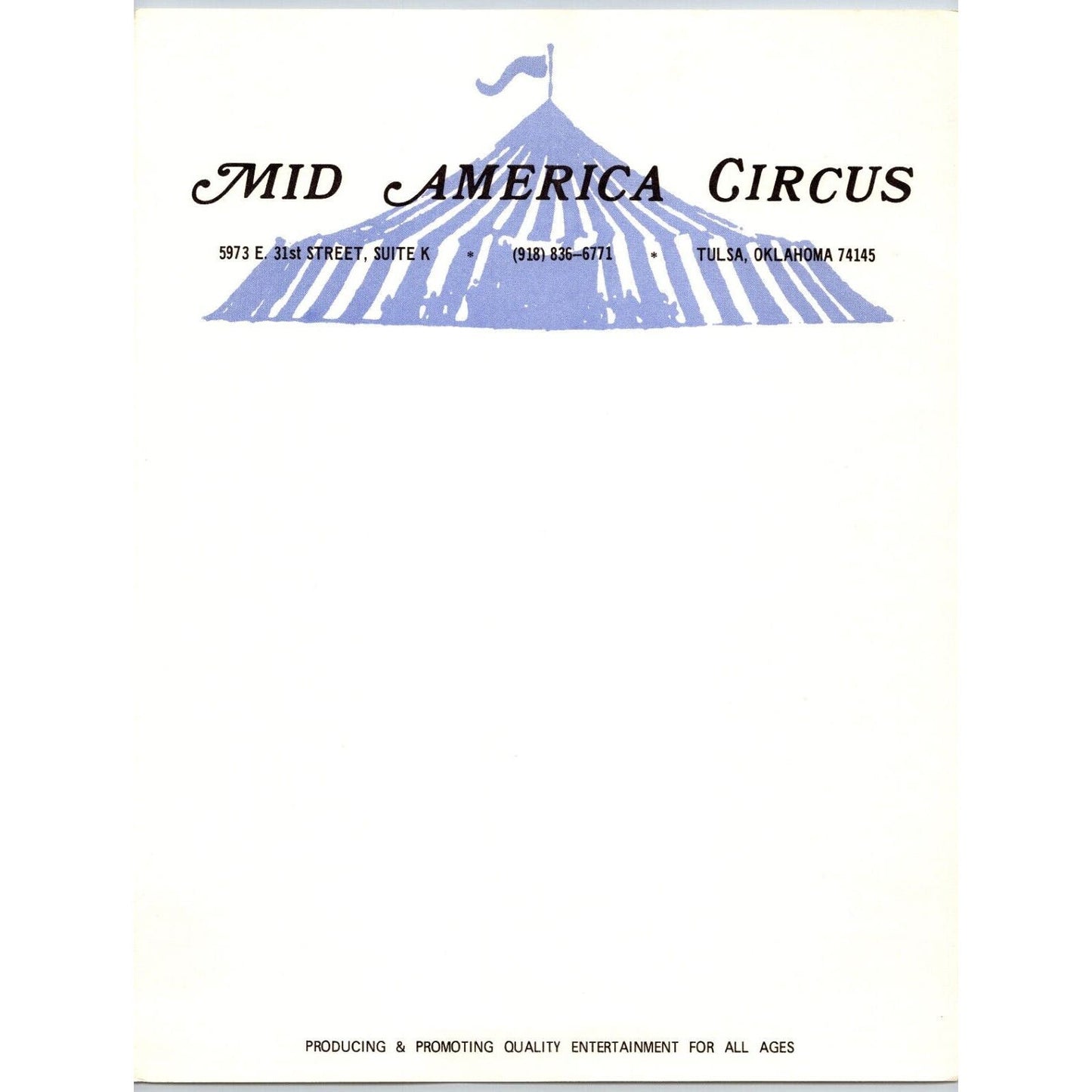 Mid America Circus Letterhead Tulsa, OK Big Top c1975
