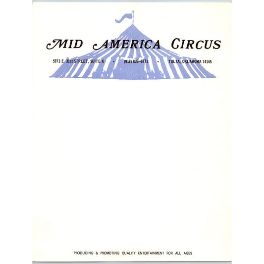 Mid America Circus Letterhead Tulsa, OK Big Top c1975