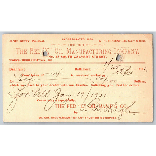 1901 Adv. Payment Conf. Postcard Red C Oil Baltimore Highlandtown E. Baker*