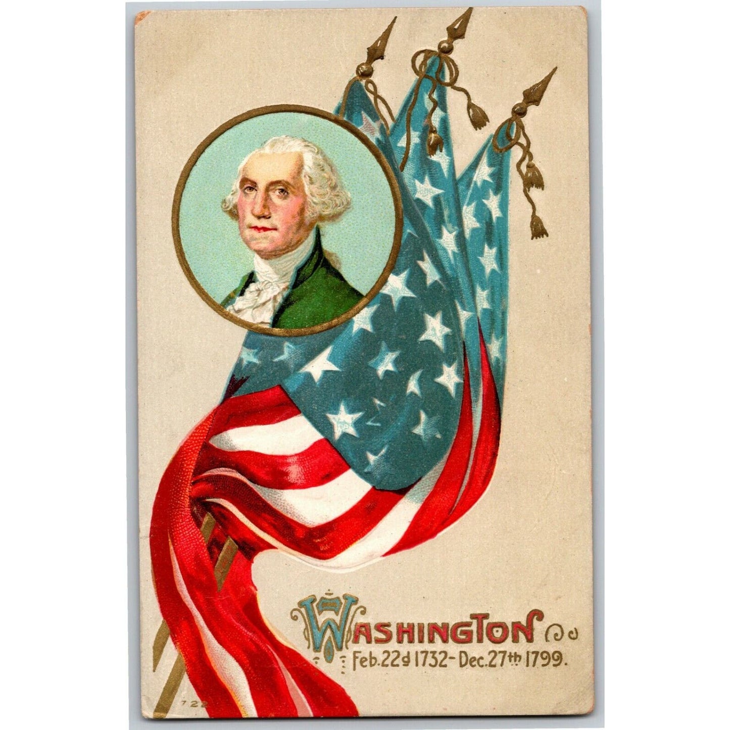 Vintage c1913 Postcard - "Washington Feb 22d 1732 - Dec 27th 1799" Embossed Flag