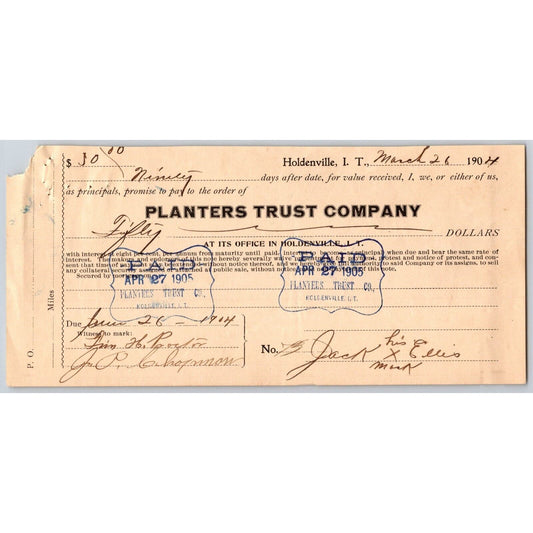 Holdenville, OK Indian Territory 1904 Planters Trust Promissory Note $10
