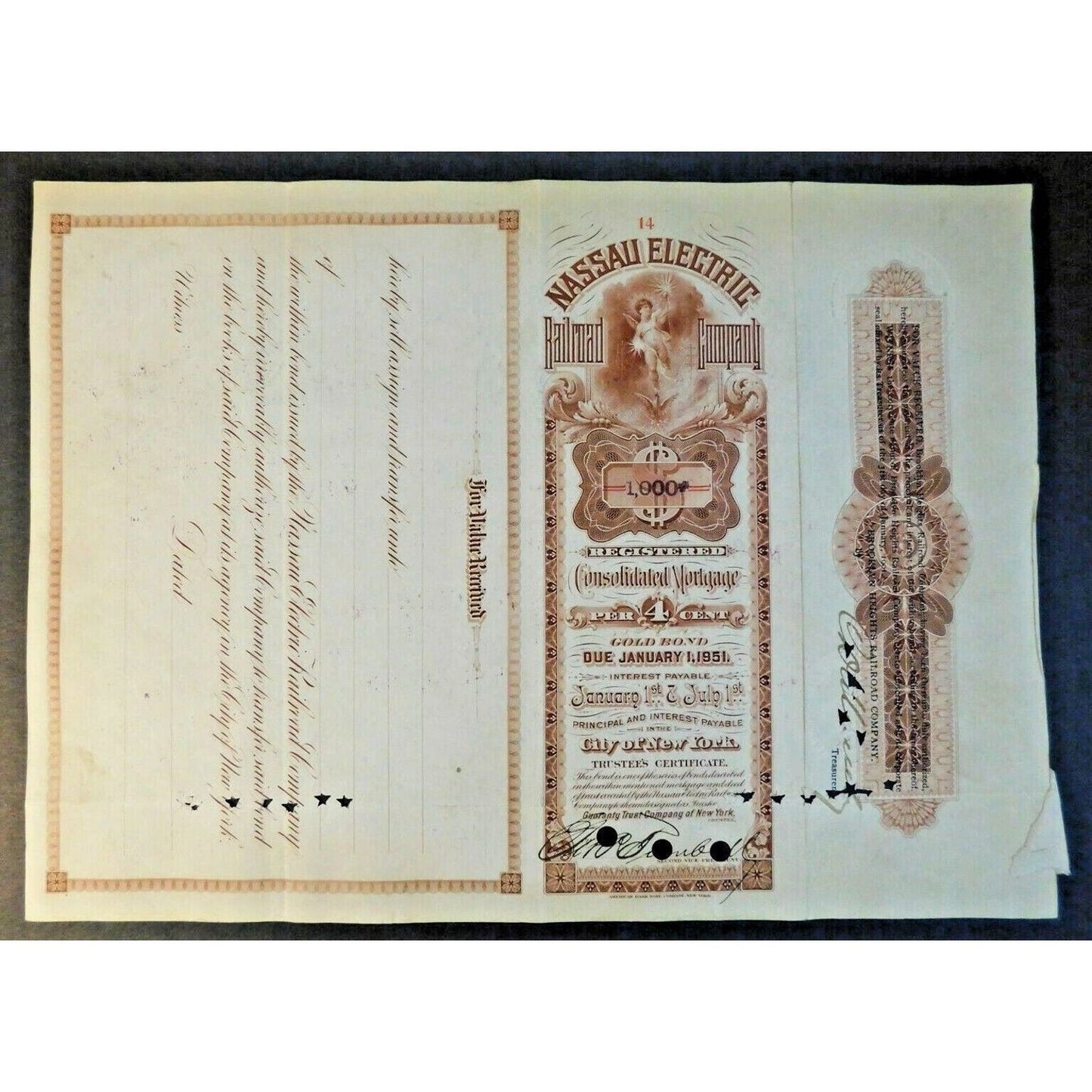 Large 1901 Stock Cert. Bond "Nassau Electric Railroad Co" Brooklyn, NY #14