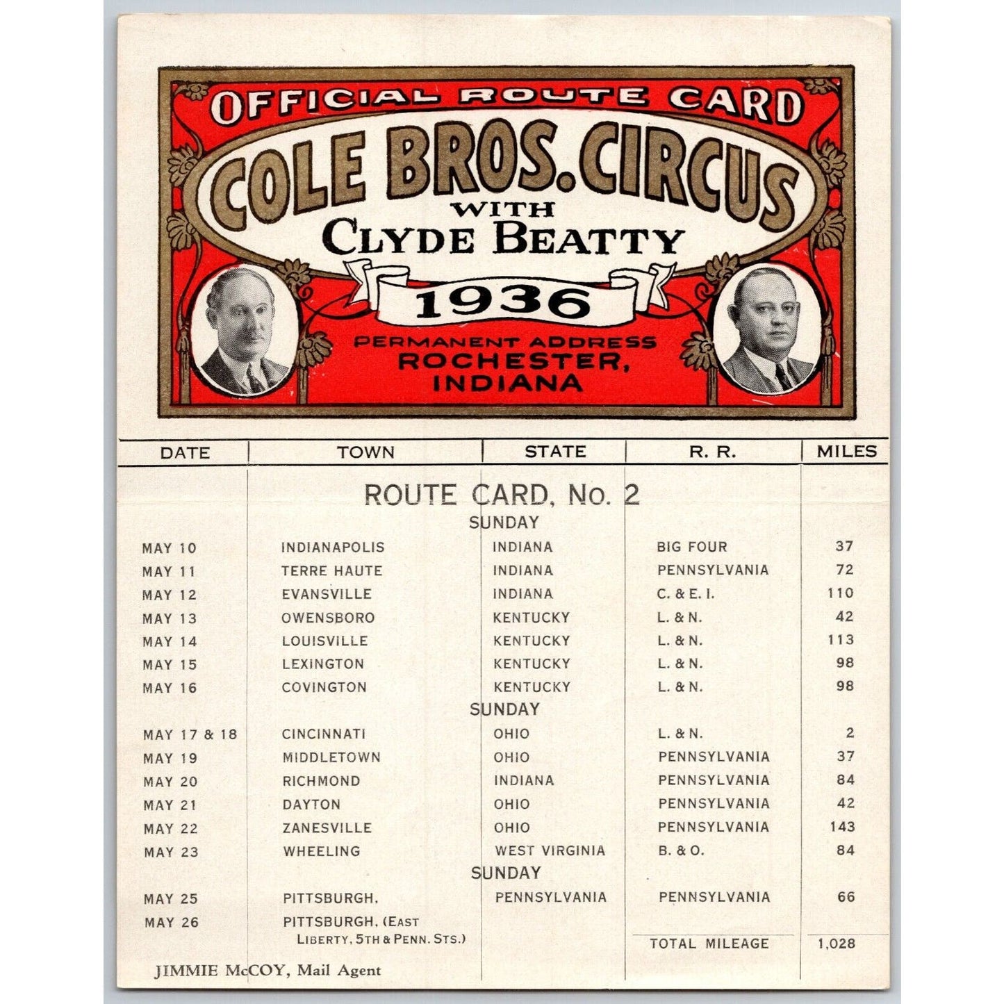 1936 Cole Bros with Clyde Beatty Circus Route Card IL IN KY OH WV PA