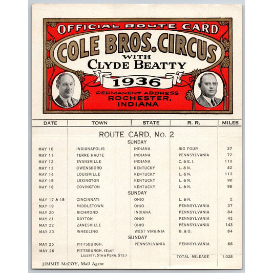 1936 Cole Bros with Clyde Beatty Circus Route Card IL IN KY OH WV PA