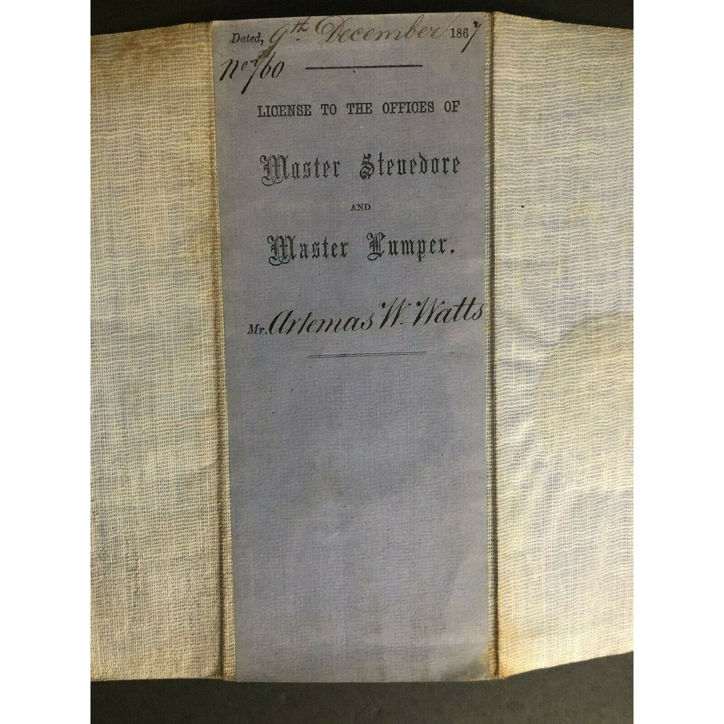 Scarce 1867 Mersey Docks and Harbour Board "Master Stevedore" License Liverpool