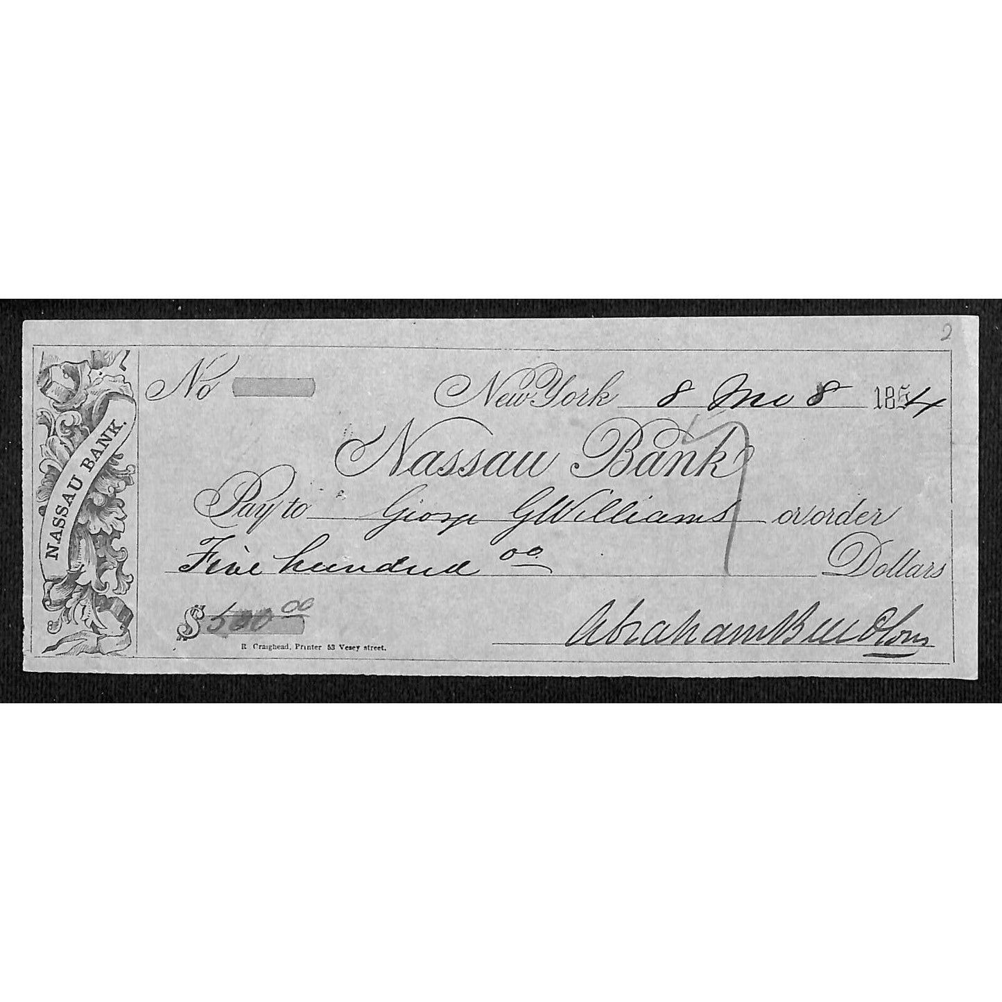 "Nassau Bank" 1854 Bank Check (New York) $500 Scarce