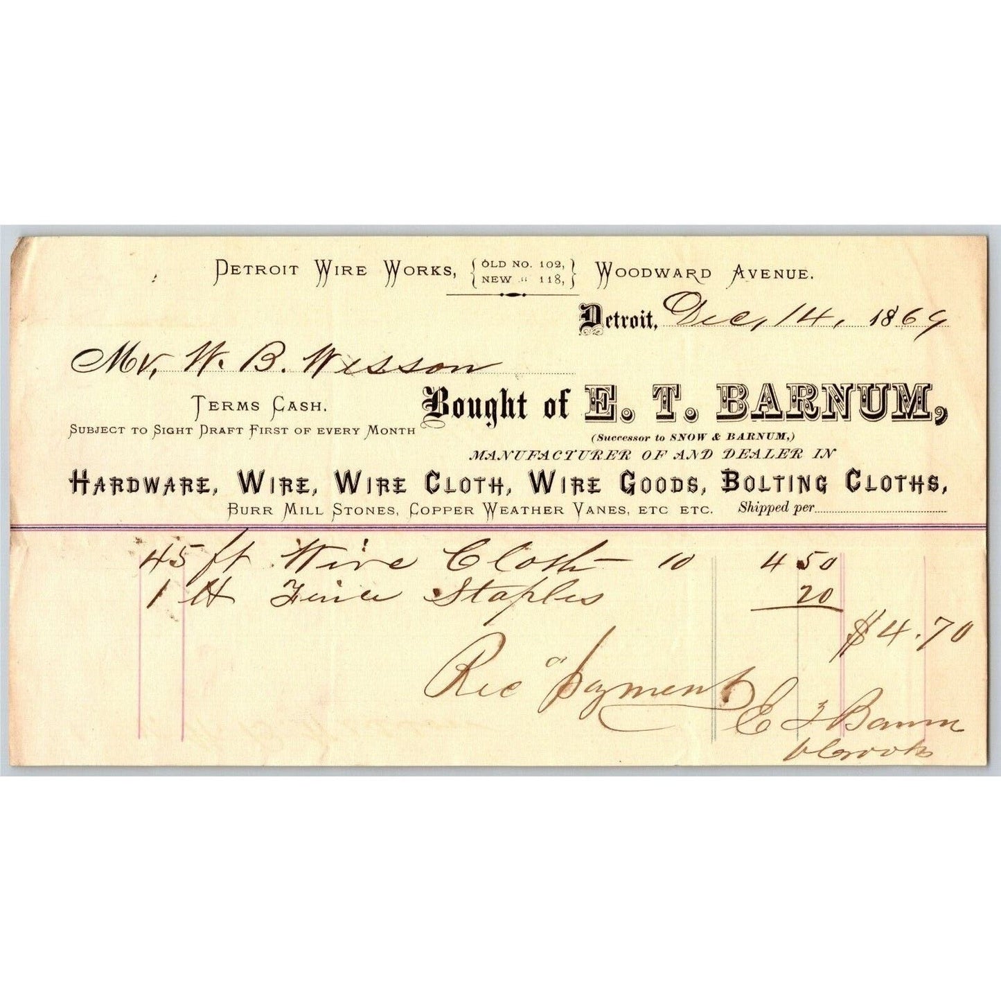 Detroit Letterhead - E.T. Barnum Hardware Wire Cloth Wire Goods 1869