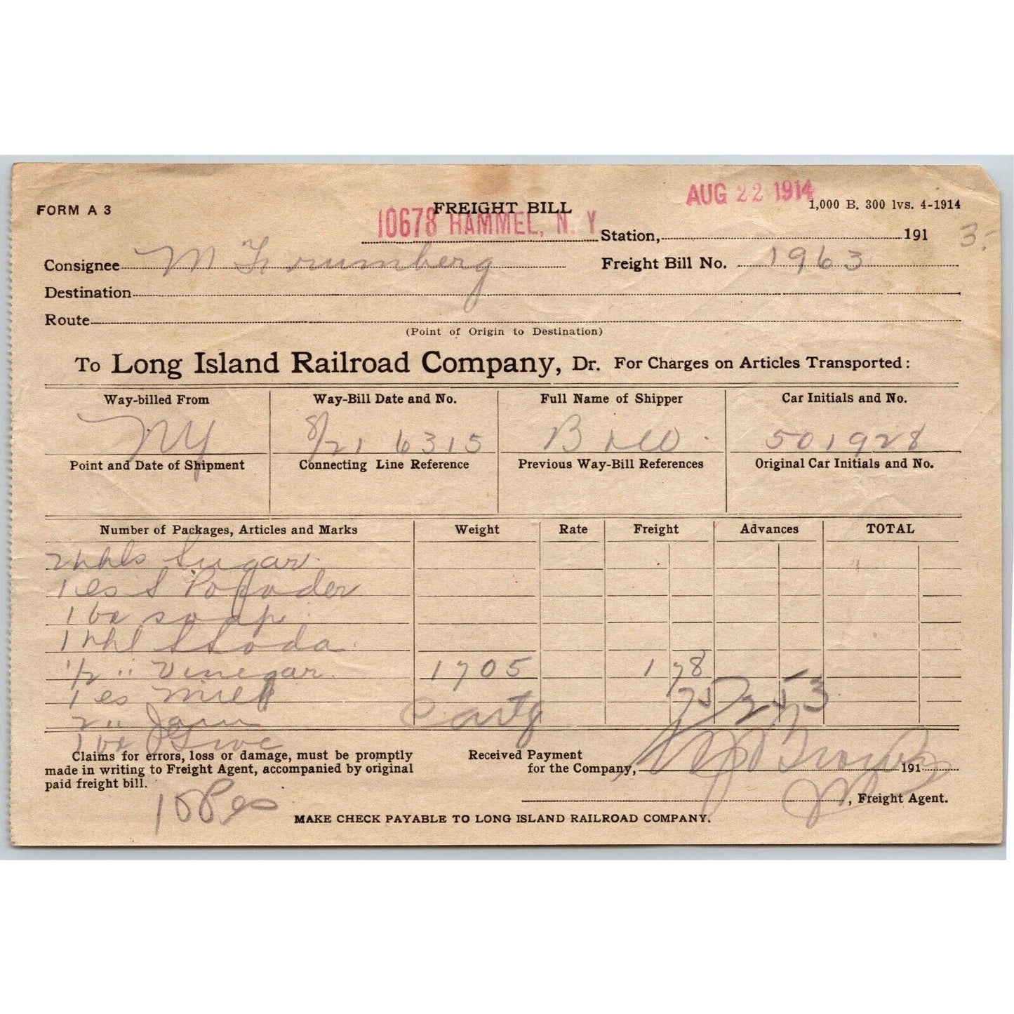 1914 Long Island Railroad Letterhead / Freight Bill 2 Bushels of Sugar Hammel NY
