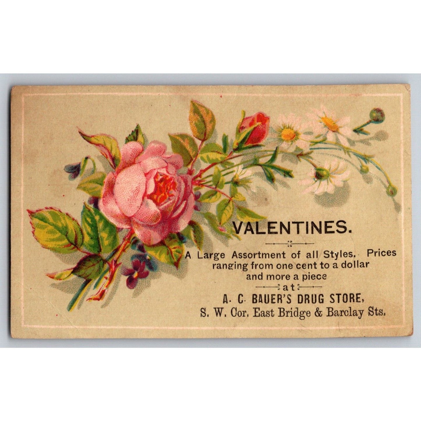 A.C. Bauer's Drug Store (Lansing, MI ?) "Valentines" Floral Victorian Trade Card
