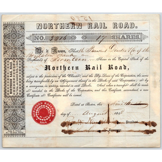 1848 Boston, MA Northern Railroad Stock Certificate No. 3216 for 17 Shares