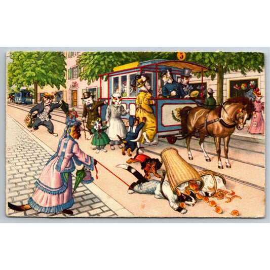 Cats Riding On a Horse Drawn Street Trolley - Vintage Postcard c1973