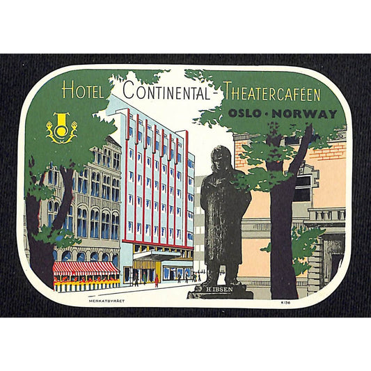 Hotel Continental Theatercaffen Oslo Norway Luggage Label Vintage NOS VGC Scarce