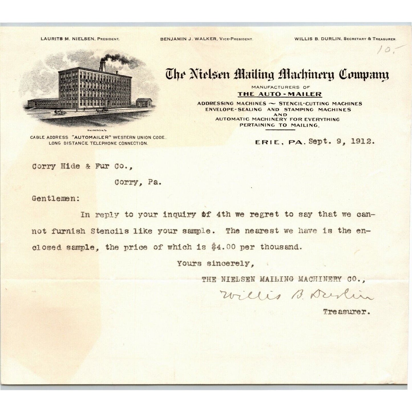 Nielsen Mailing Machinery Co. 1912 Letterhead Erie, PA Auto Mailer Stencil